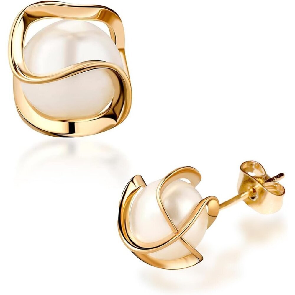 Women's 18K Gold Plated Twisted Caged Pearl Hypoallergenic Stud Earrings